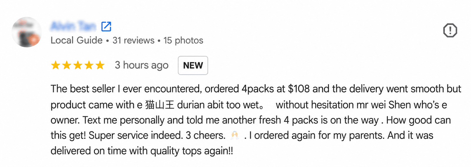 Five-star Google review describing a batch replaced without hesitation and a repeat order delivered on time